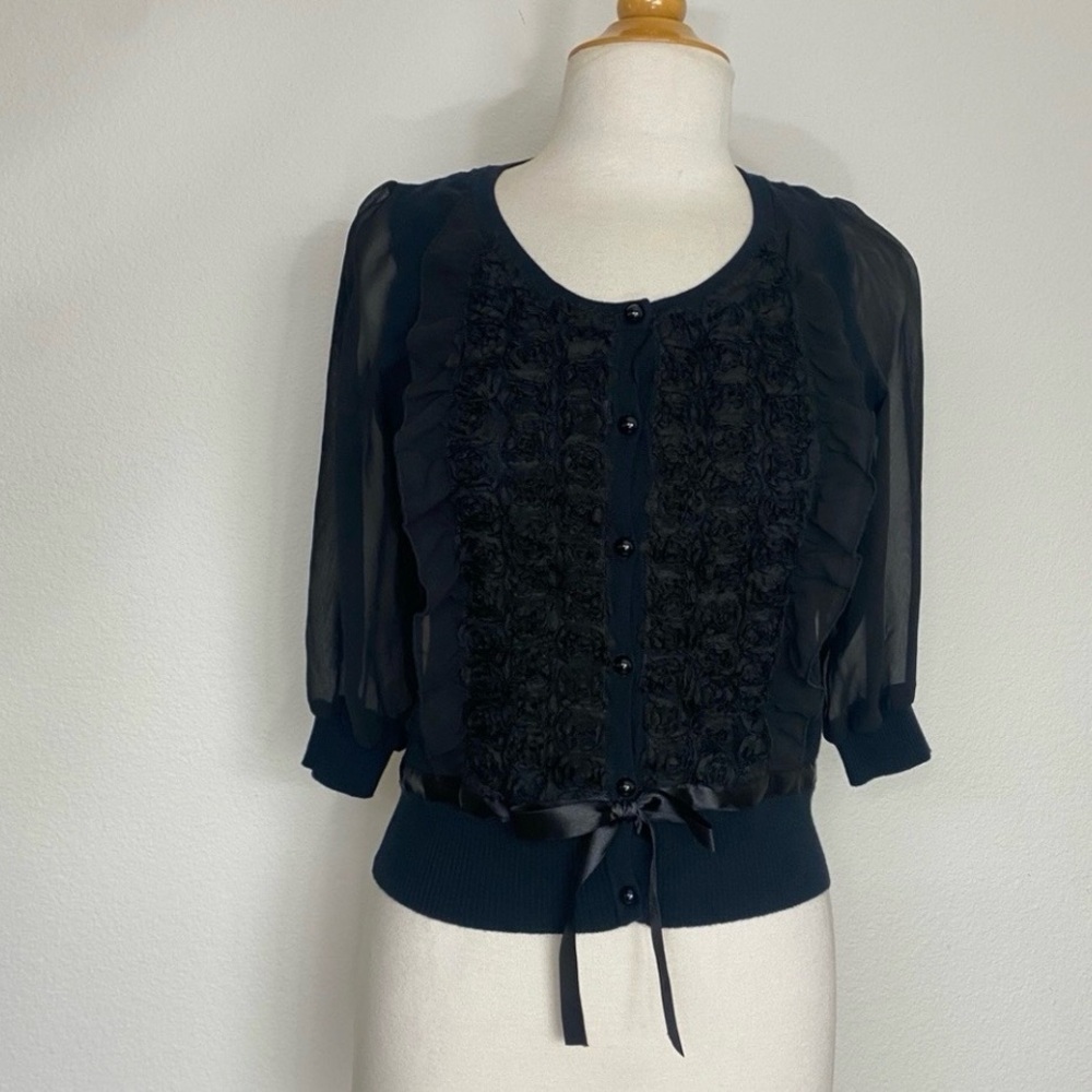 NWT New Wanko Women's Black Ruffle Button Bow Cardigan Size XS Classic Preppy